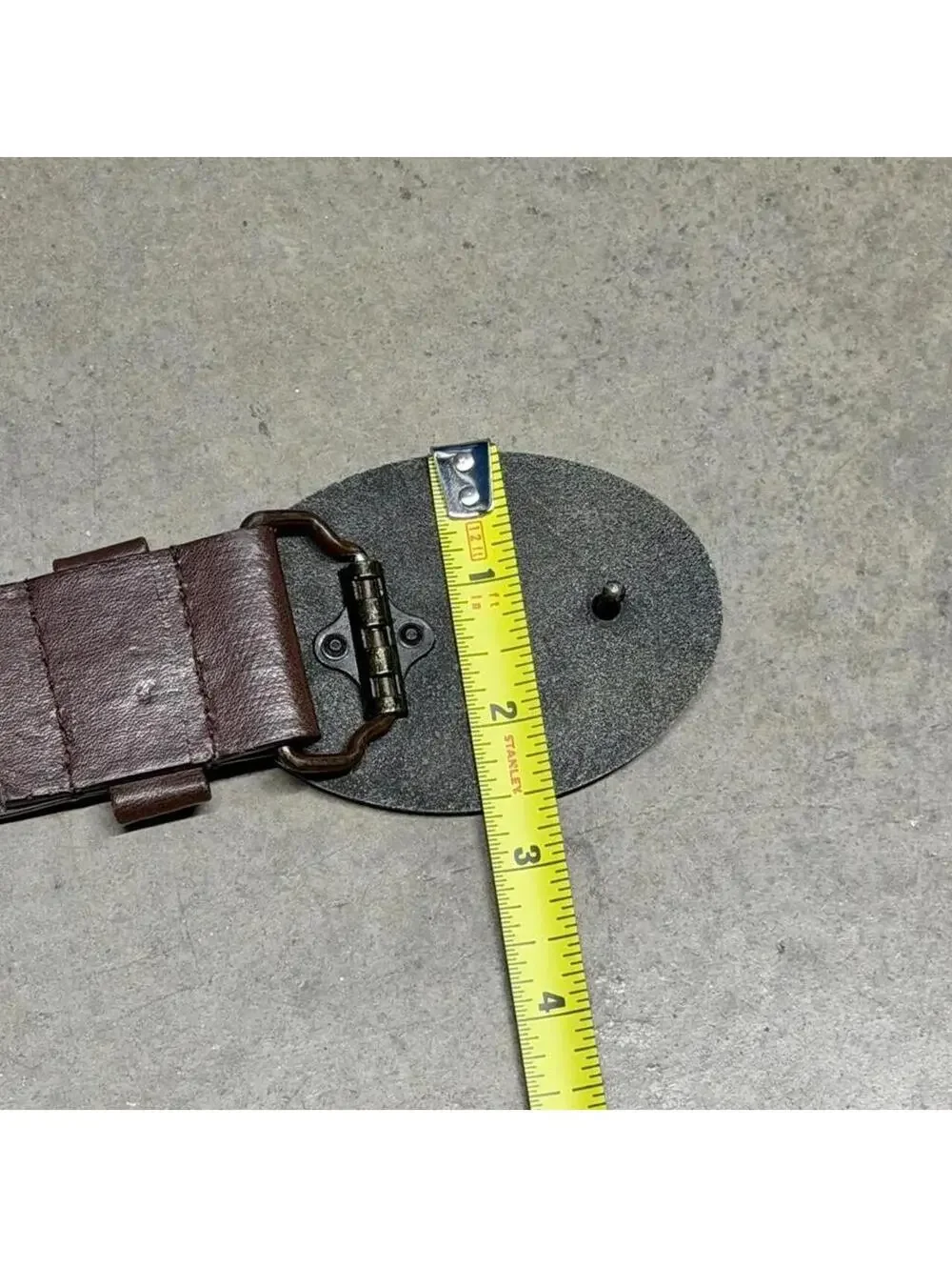 Vintage Y2K Brown Leather Belt with Tribal Fleur De Lis Star Gold Big Buckle
